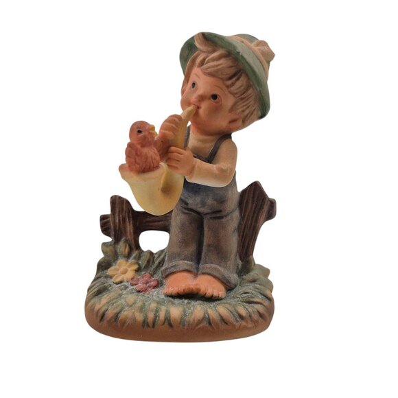 napco Other - Napco Boy Figurine Boy Playing Saxophone Bird Fence Vintage Japan Porcelain